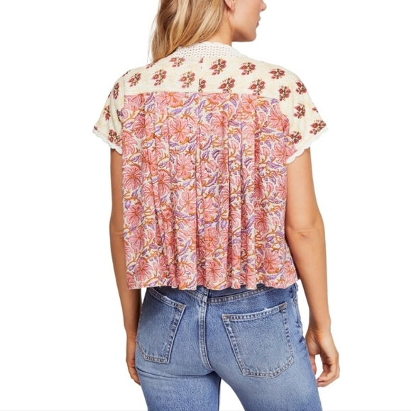 Free People Leilani Floral Lace Trim Relaxed Oversized Blouse - Picture 2 of 13